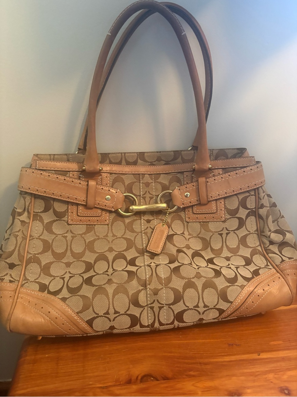 Coach Tan/Beige Signature Canvas Shoulder Tote with Gold Hardware